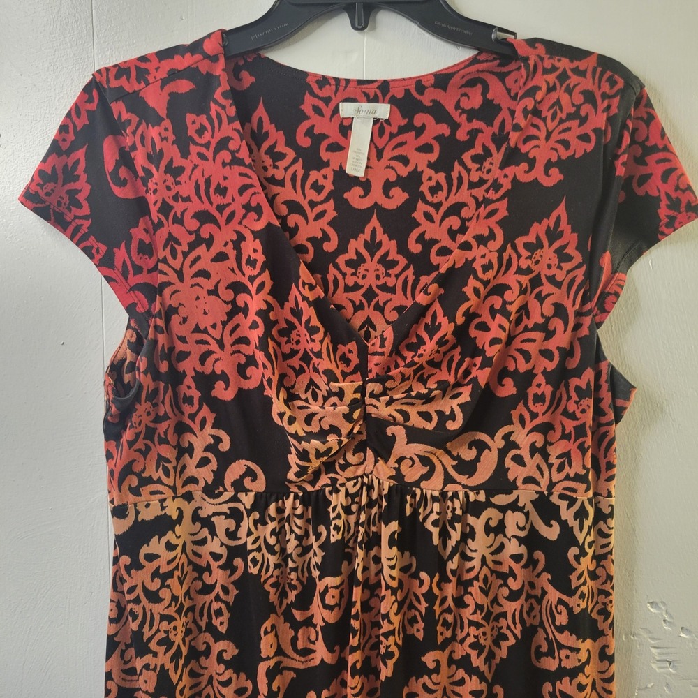 Soma Knit Dress Womens Large Red Orange Damask Empire Waist V-Neck Cap Sleeve - Picture 6 of 15